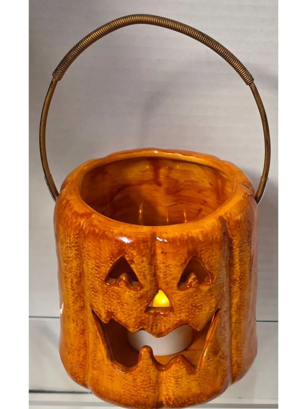 Russ Berrie Jack O Lantern Pumpkin Candle Holder Ceramic Halloween 26652